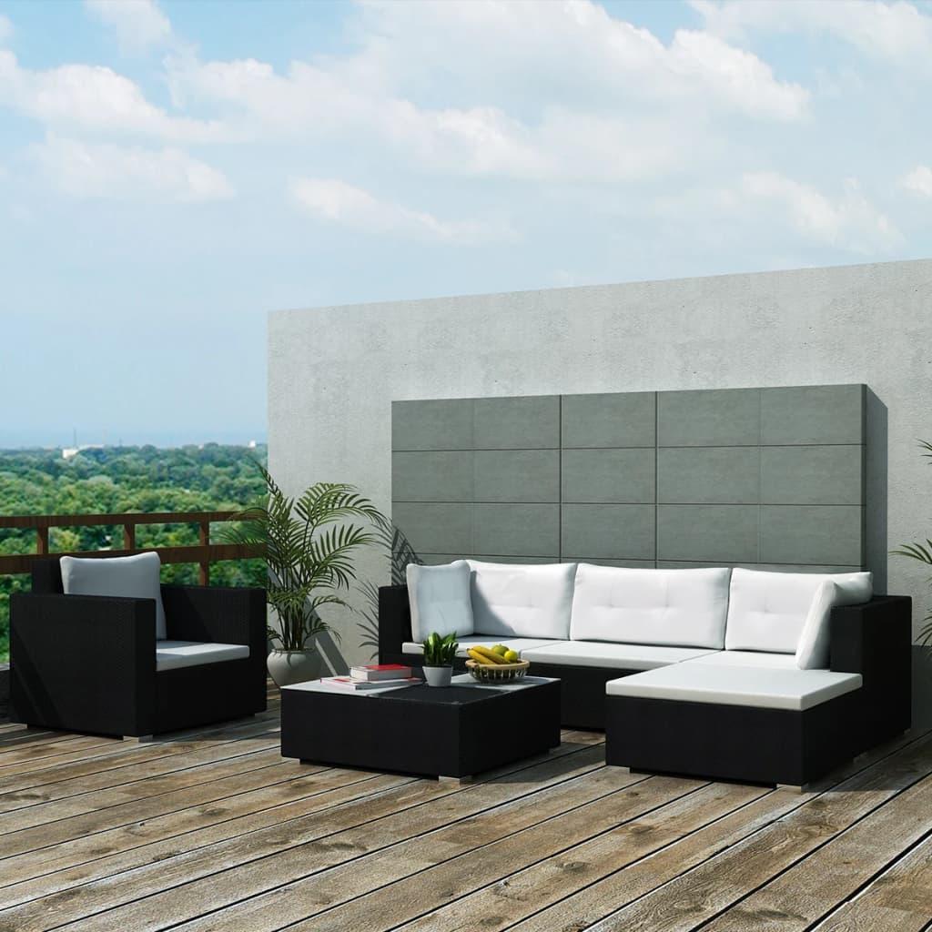 6 Piece Garden Lounge Set with Cushions Poly Rattan Black