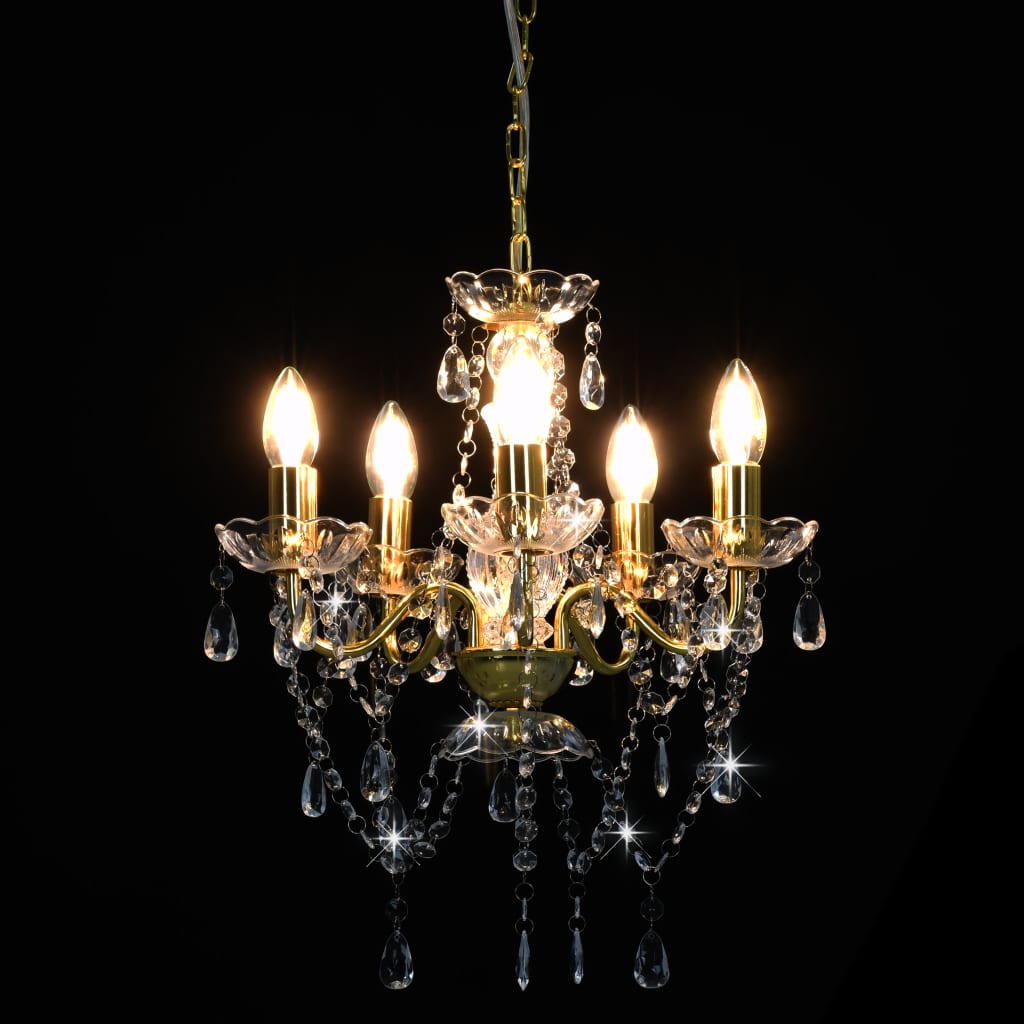 Chandelier with Crystal Beads Golden Round 5 x E14