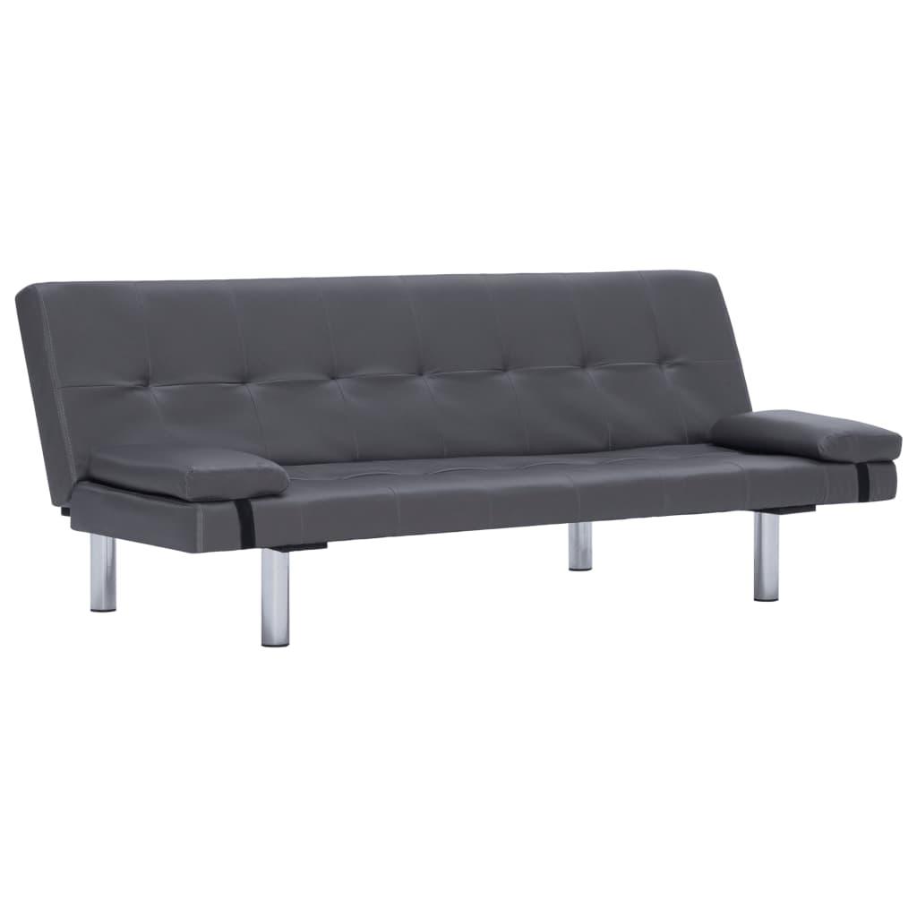 Sofa Bed with Two Pillows Grey Faux Leather