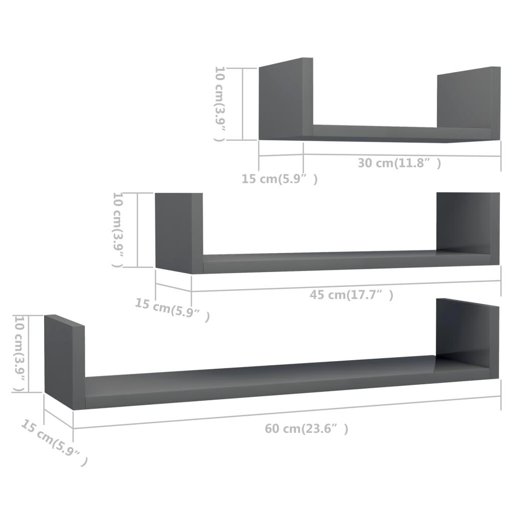 Wall Display Shelf 3 pcs High Gloss Grey Engineered Wood