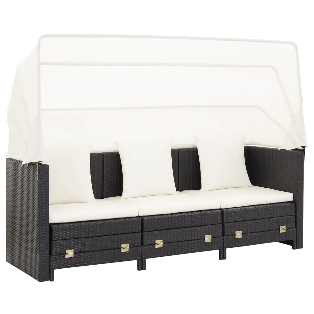Extendable 3-Seater Sofa Bed with Roof Poly Rattan Black