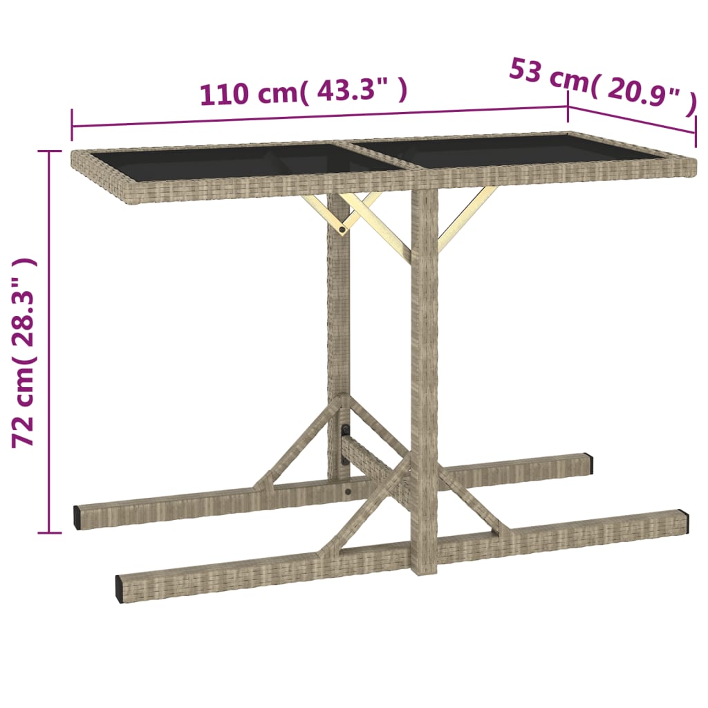 Garden Table Beige 110x53x72 cm Glass and Poly Rattan