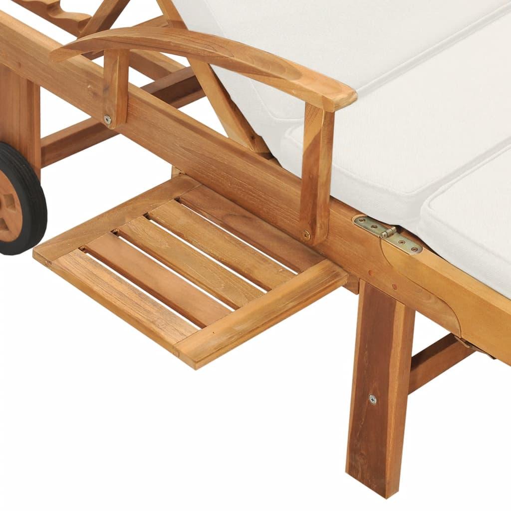 Sun Lounger with Cushion Solid Teak Wood Cream