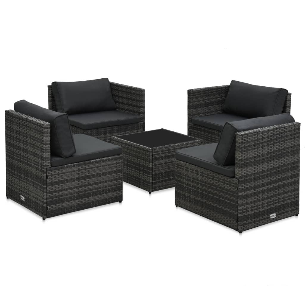 5 Piece Garden Lounge Set with Cushions Poly Rattan Grey