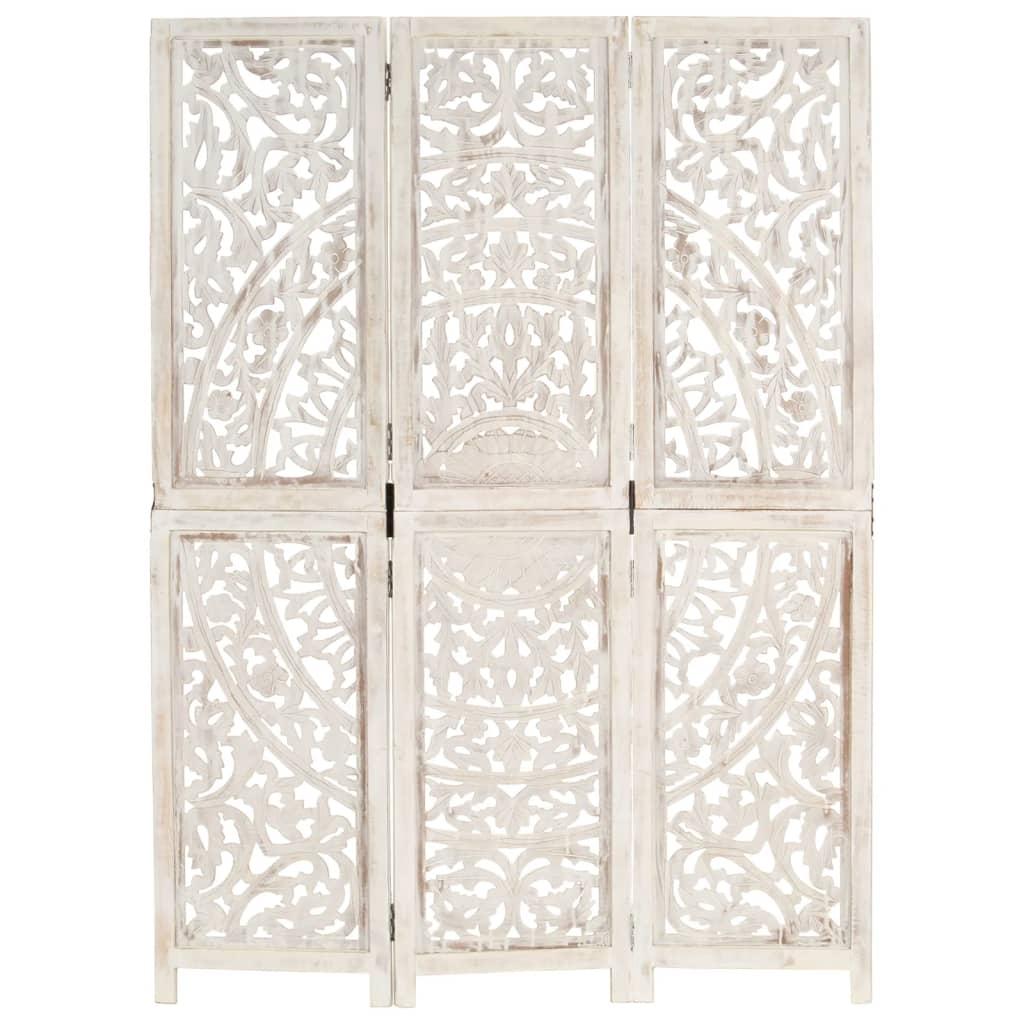 Hand carved 3-Panel Room Divider White 120x165 cm Solid Mango Wood