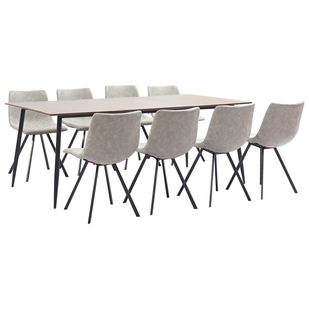 9 Piece Dining Set Light Grey Faux Leather
