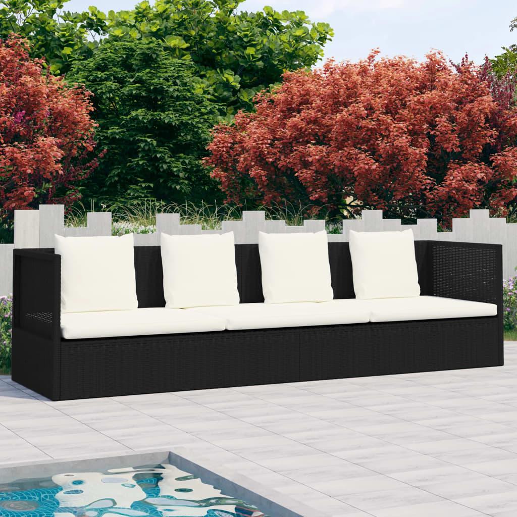 Garden Bed with Cushion &amp; Pillows Poly Rattan Black