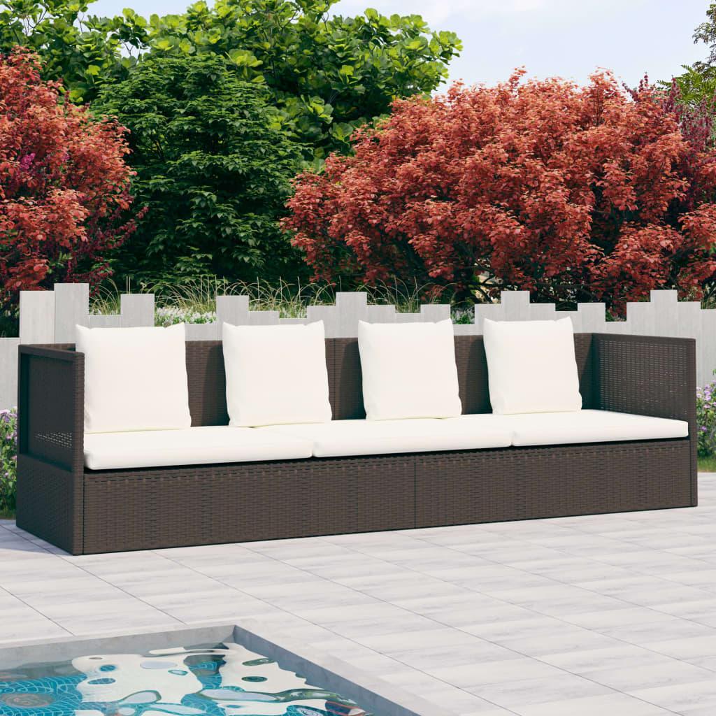 Garden Bed with Cushion &amp; Pillows Poly Rattan Brown