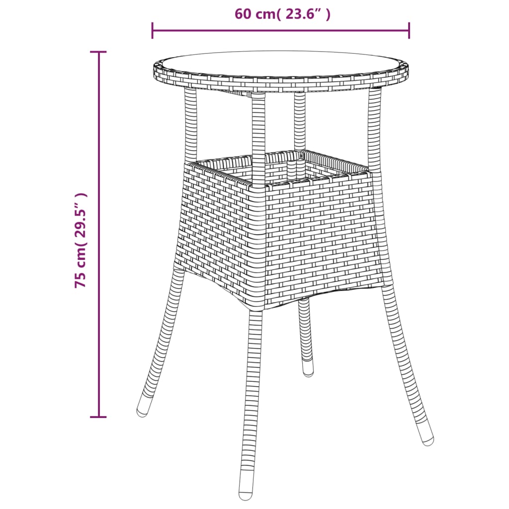 Garden Table Ø60x75 cm Tempered Glass and Poly Rattan Brown