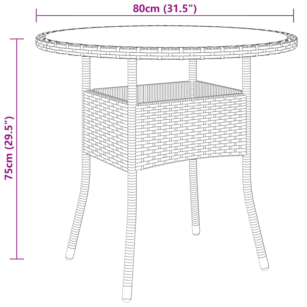 Garden Table ï¿½80x75 cm Tempered Glass and Poly Rattan Brown