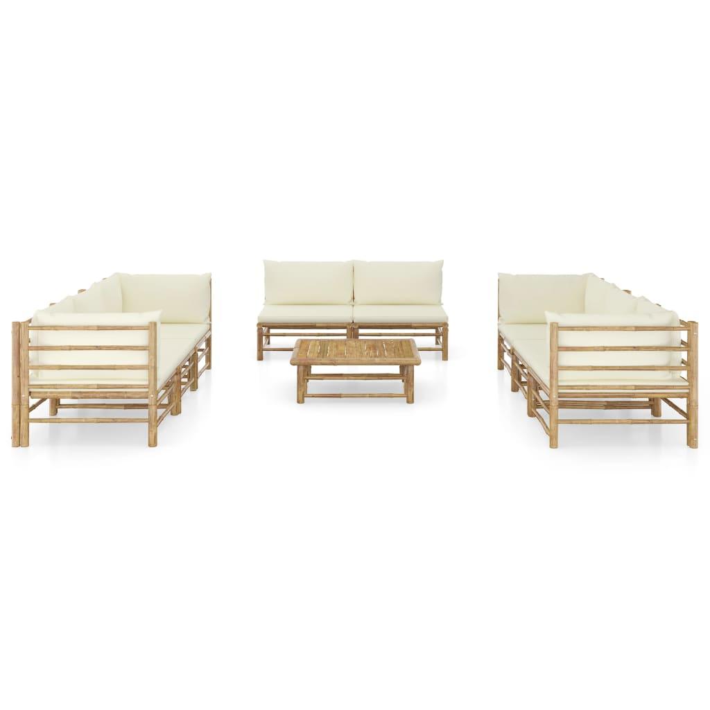 9 Piece Garden Lounge Set with Cream White Cushions Bamboo