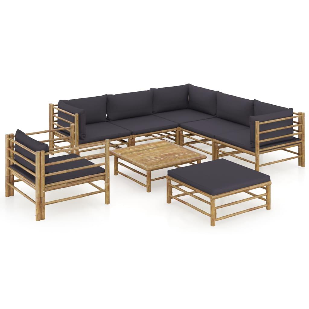 8 Piece Garden Lounge Set with Dark Grey Cushions Bamboo