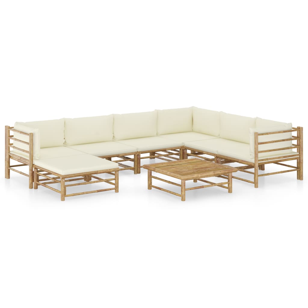 8 Piece Garden Lounge Set with Cream White Cushions Bamboo