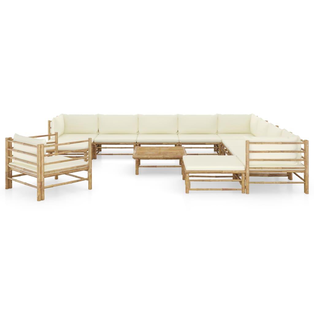 12 Piece Garden Lounge Set with Cream White Cushions Bamboo