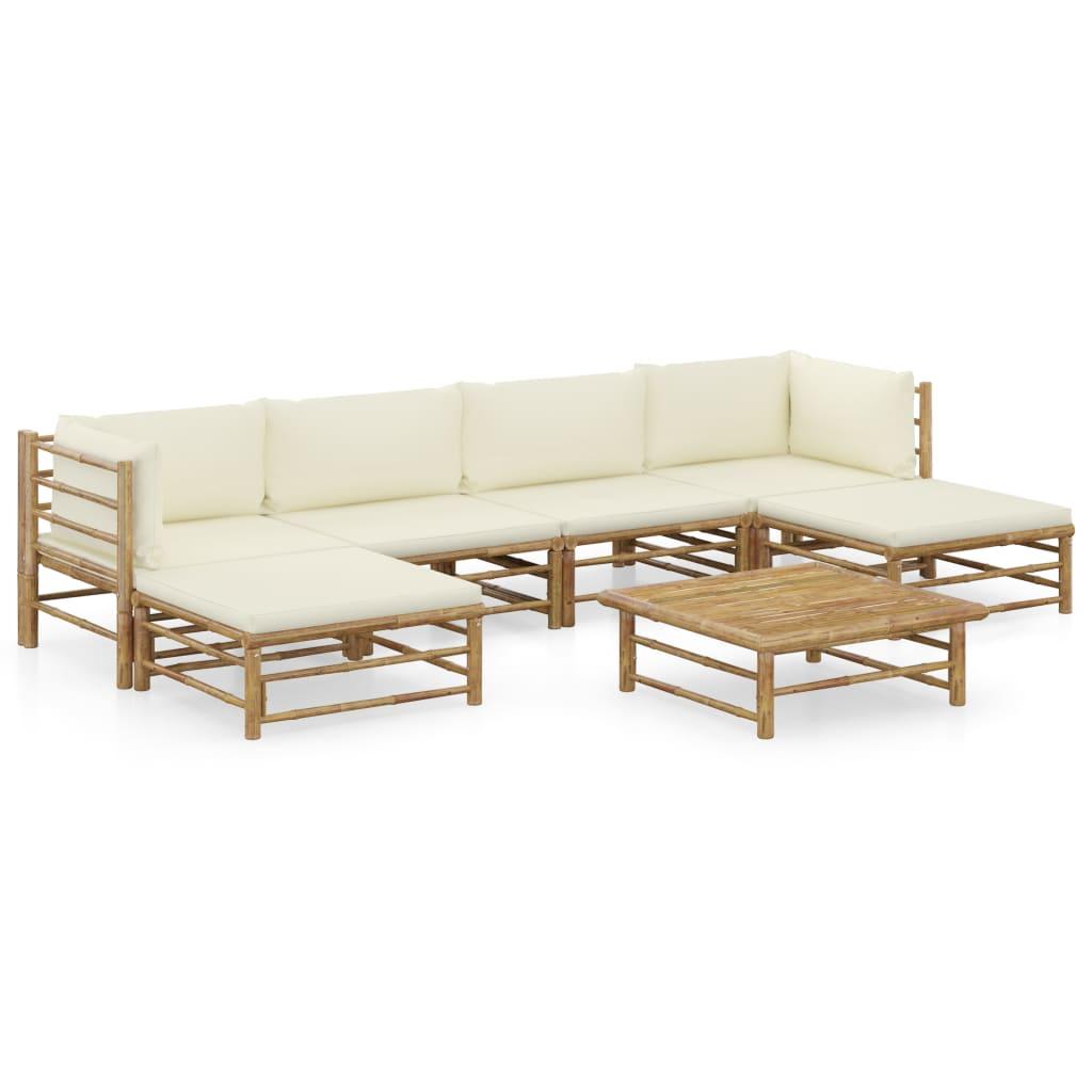 7 Piece Garden Lounge Set with Cream White Cushions Bamboo