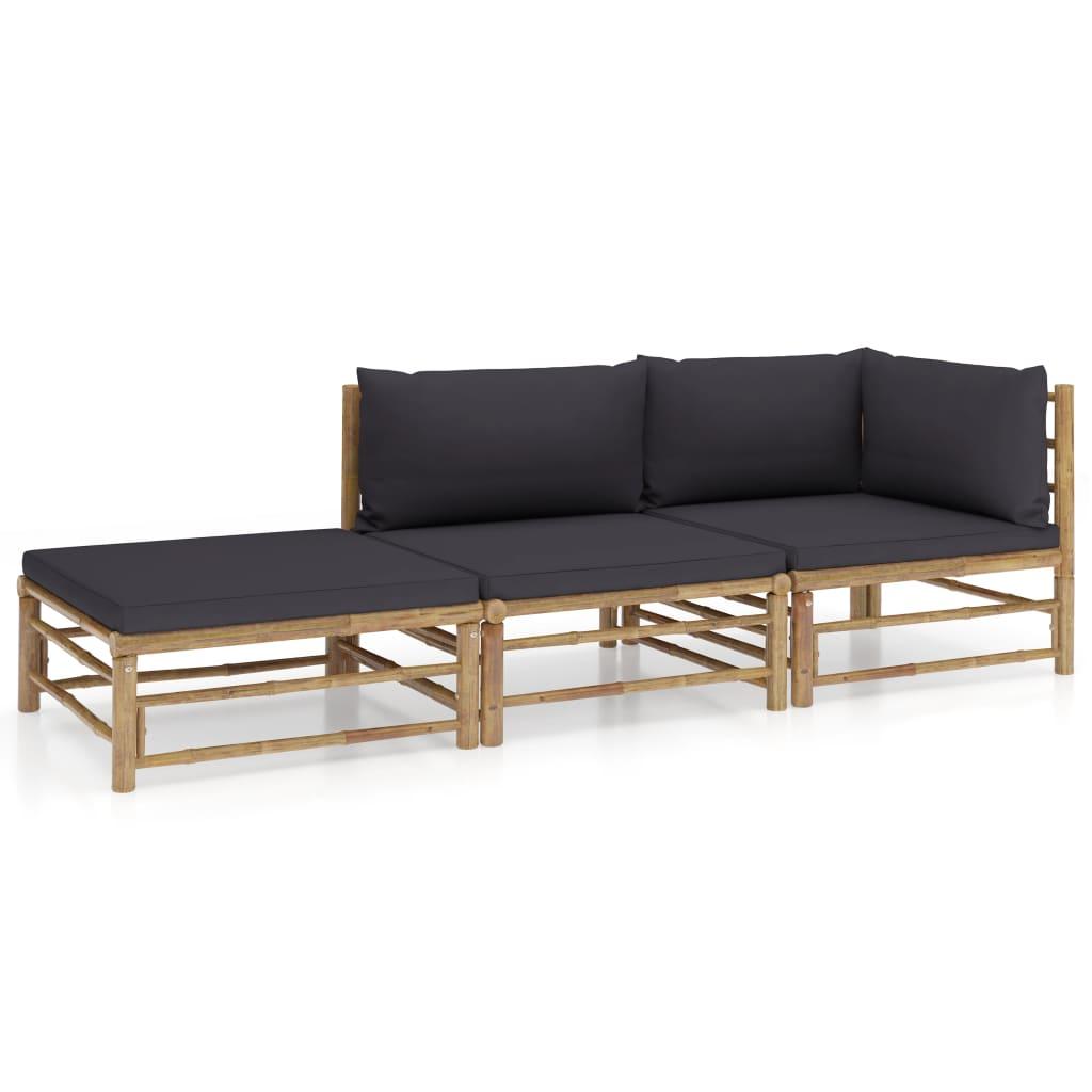 3 Piece Garden Lounge Set with Dark Grey Cushions Bamboo