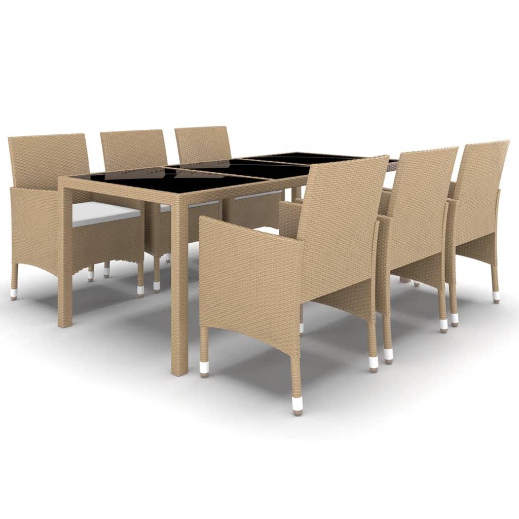 7 Piece Garden Dining Set Poly Rattan and Tempered Glass Beige