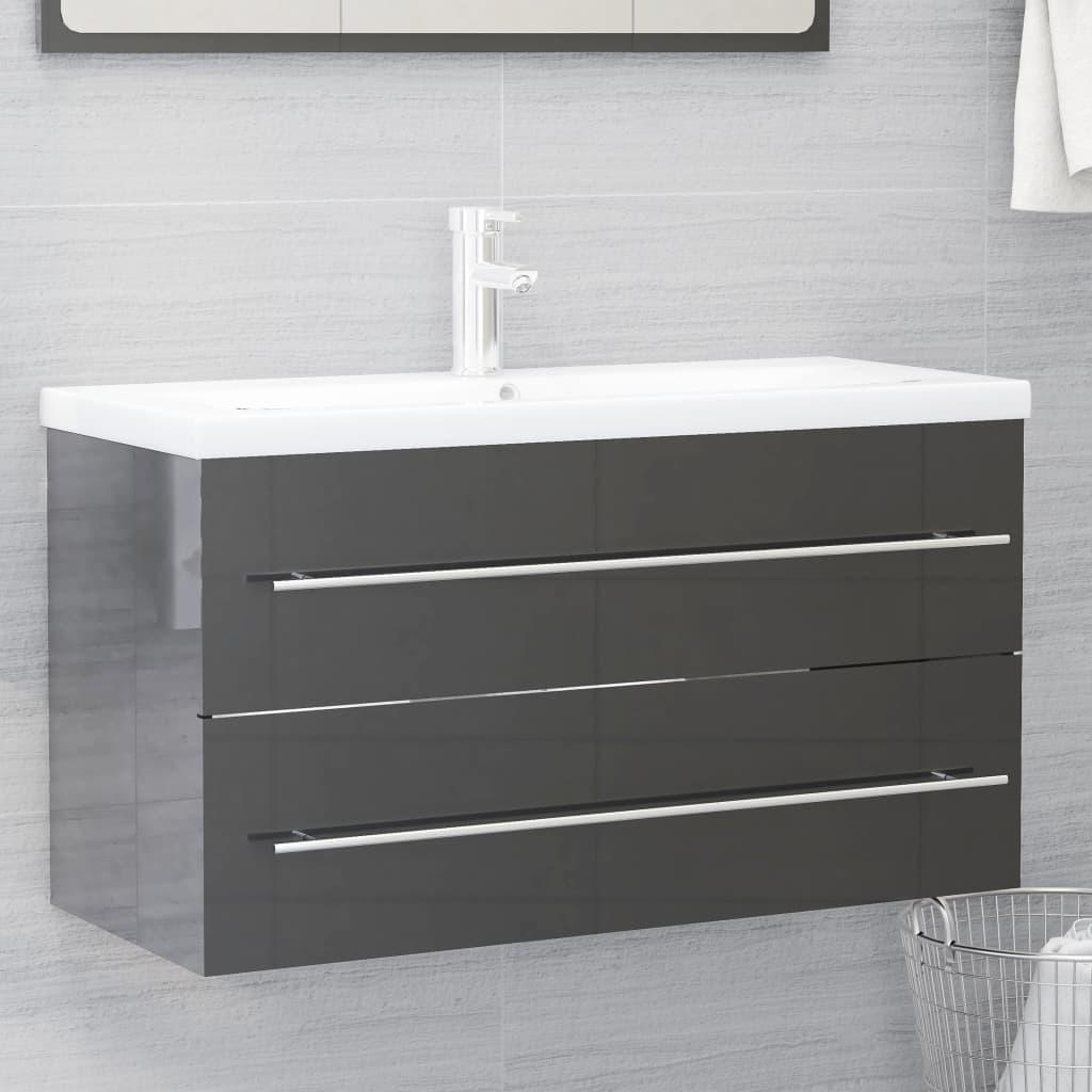 2 Piece Bathroom Furniture Set High Gloss Grey Engineered Wood