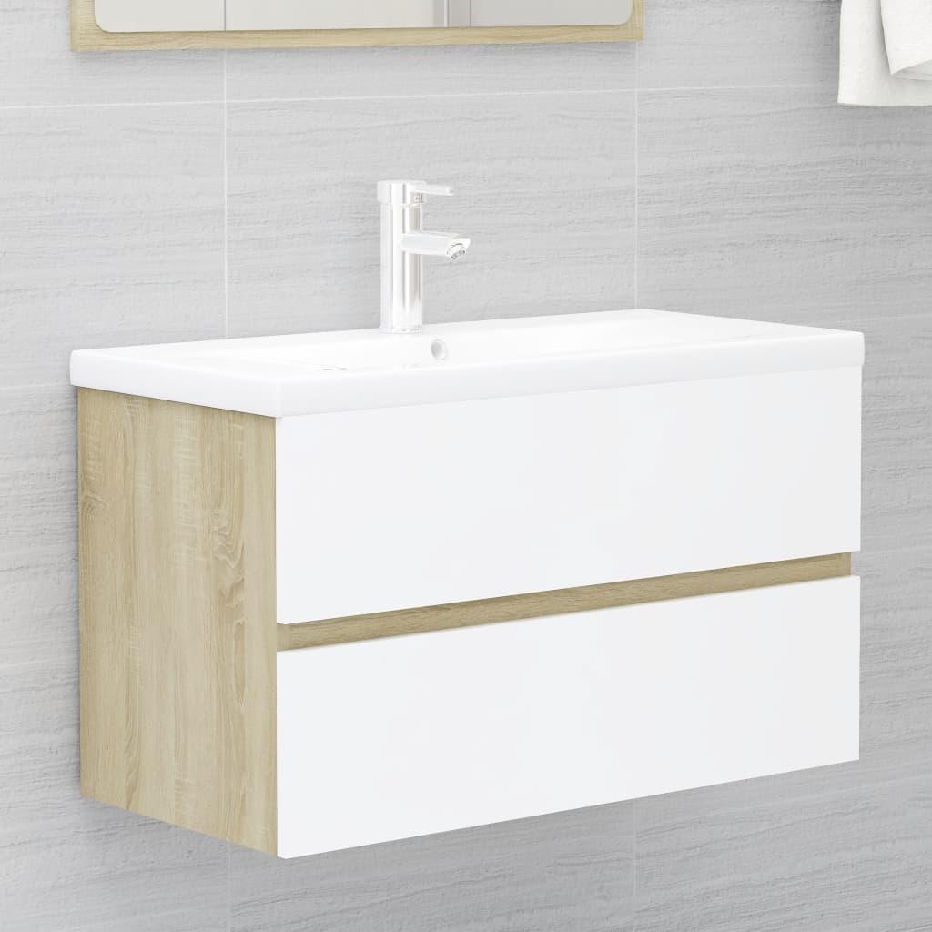 2 Piece Bathroom Furniture Set White and Sonoma Oak Engineered Wood