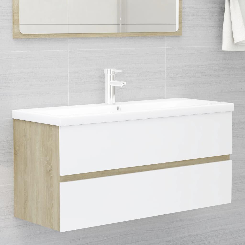 2 Piece Bathroom Furniture Set White and Sonoma Oak Engineered Wood