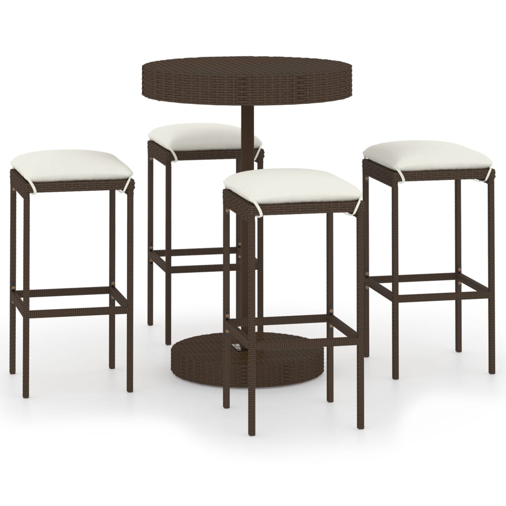 5 Piece Garden Bar Set with Cushions Poly Rattan Brown