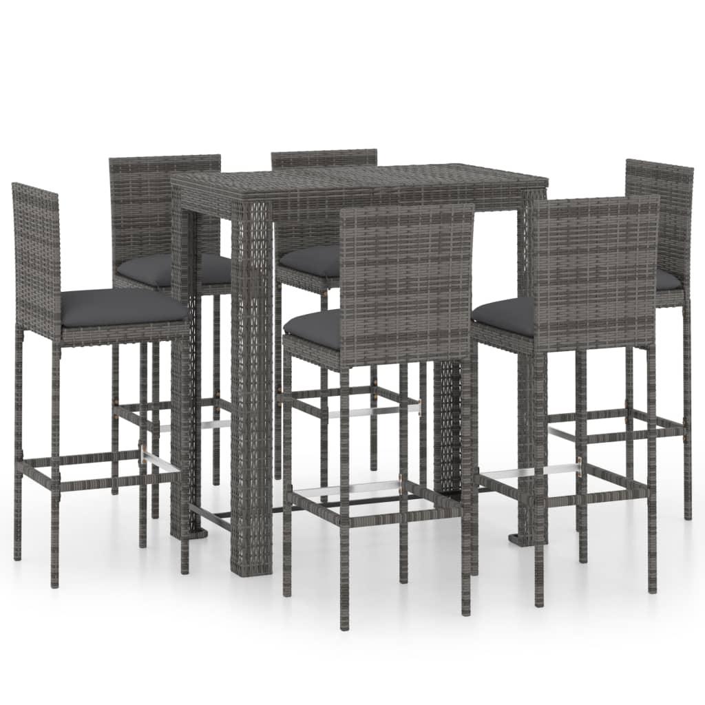 7 Piece Outdoor Bar Set with Cushions Poly Rattan Grey