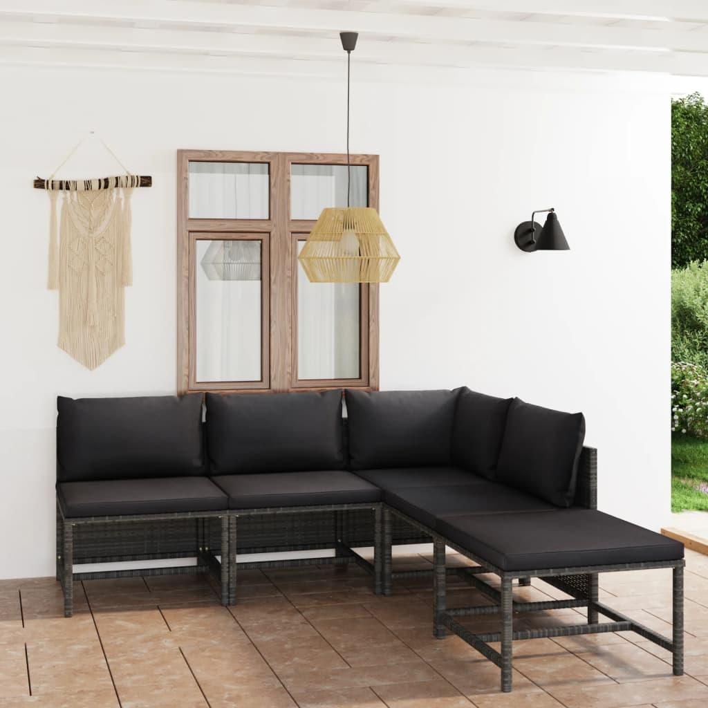 5 Piece Garden Lounge Set with Cushions Poly Rattan Grey