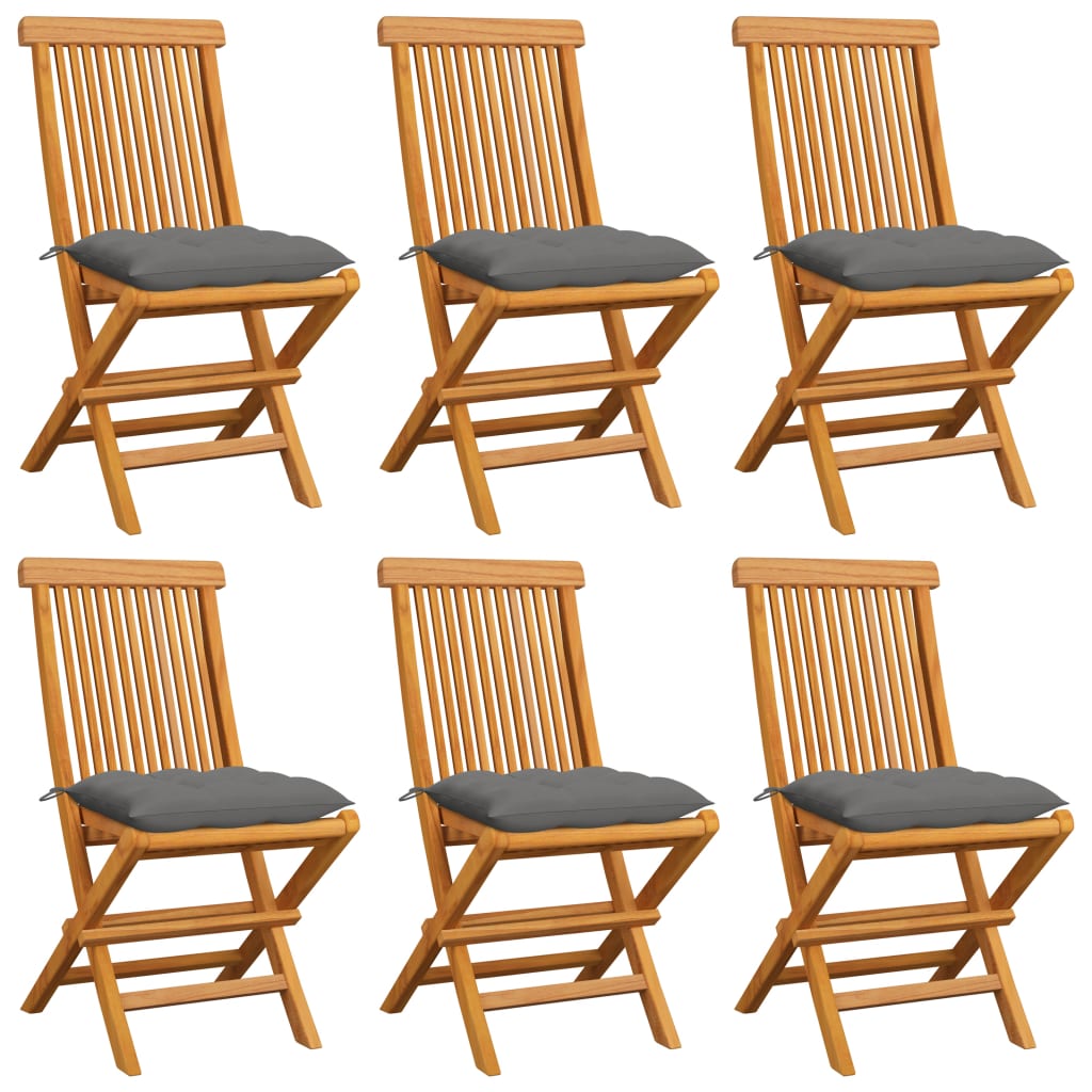 Garden Chairs with Grey Cushions 6 pcs Solid Teak Wood