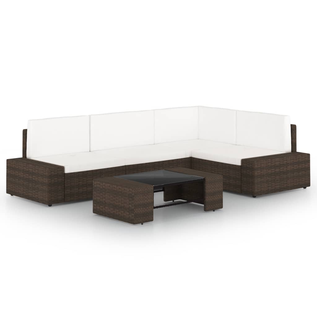 5 Piece Garden Lounge Set with Cushions Brown Poly Rattan