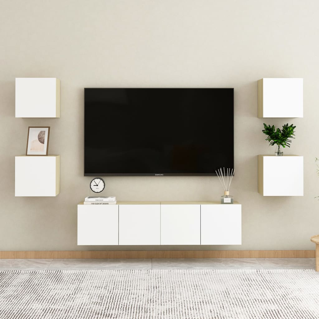 Wall Mounted TV Cabinets 4 pcs White and Sonoma Oak 30.5x30x30 cm