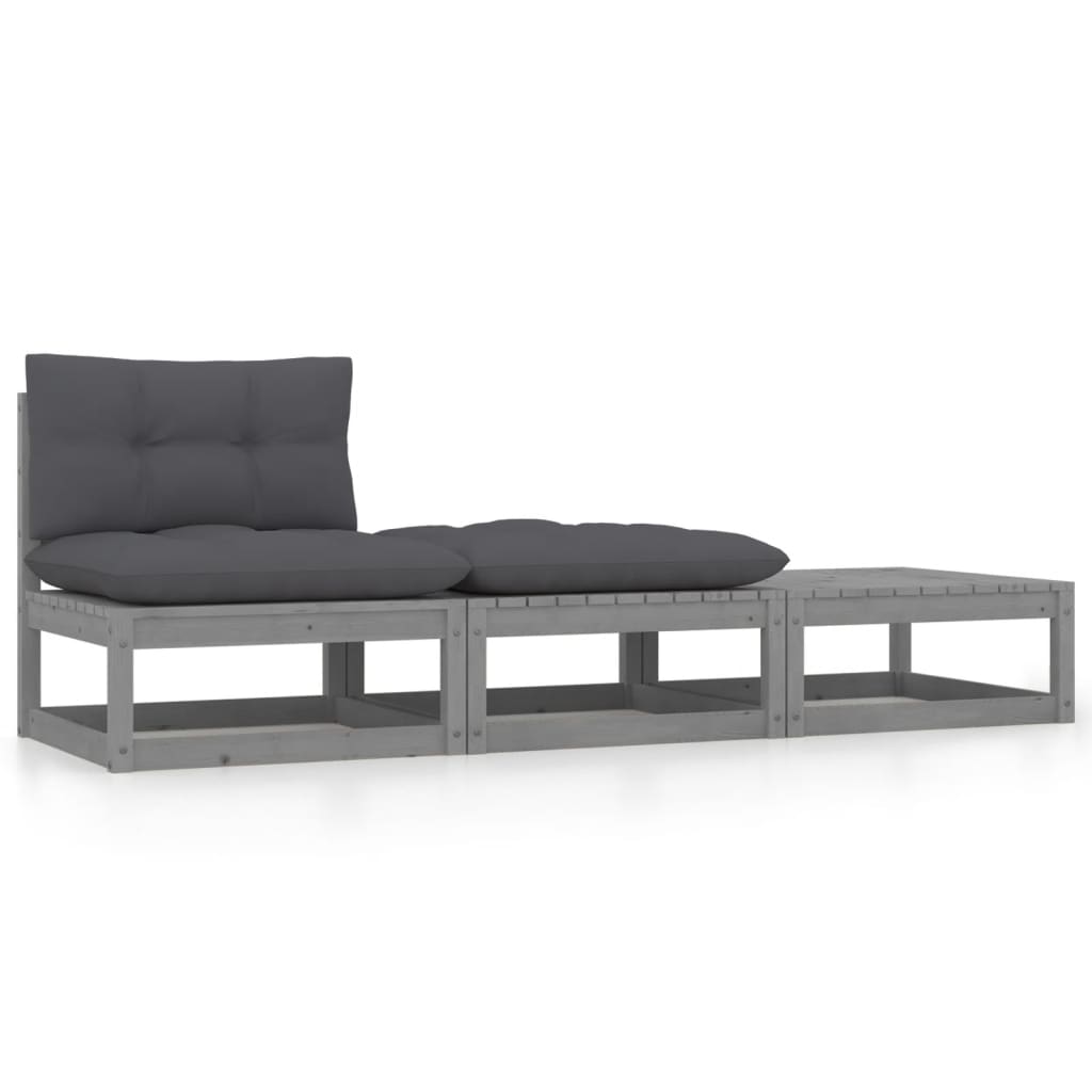 3 Piece Garden Lounge Set with Cushions Grey Solid Pinewood
