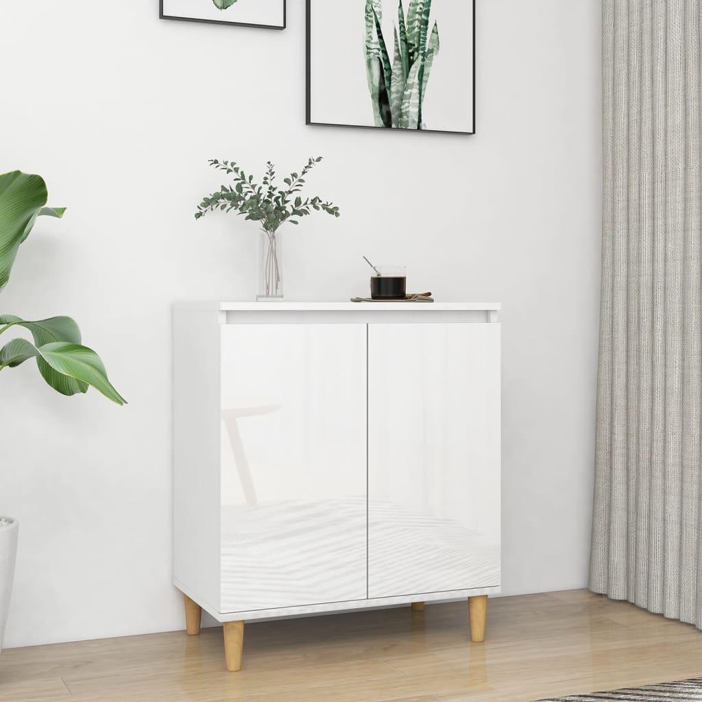 Sideboard&amp;Solid Wood Legs High Gloss White 60x35x70cm Engineered Wood