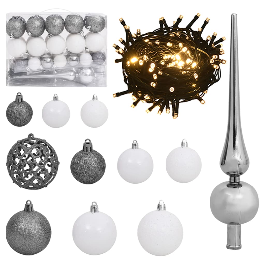 61 Piece Christmas Ball Set with Peak and 150 LEDs White&amp;Gey