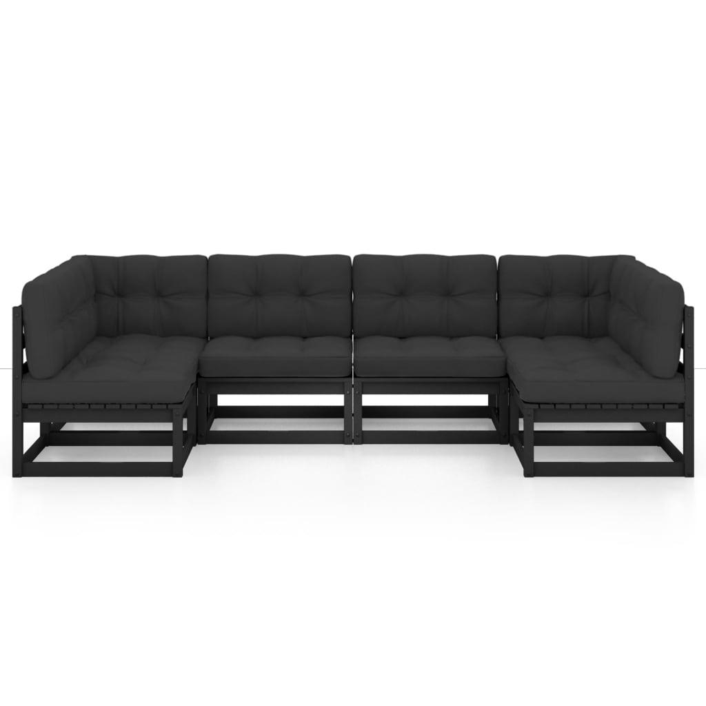 6 Piece Garden Lounge Set with Cushions Black Solid Pinewood