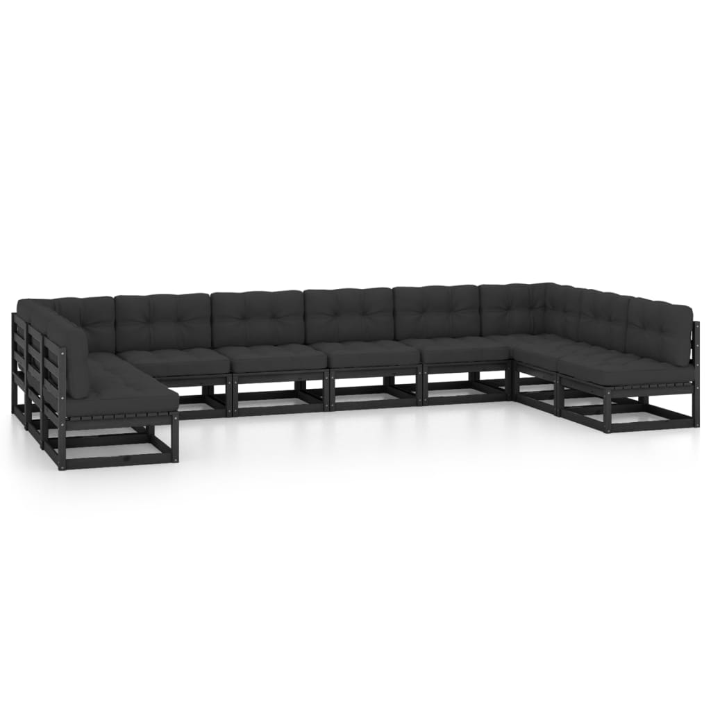 10 Piece Garden Lounge Set with Cushions Black Solid Pinewood