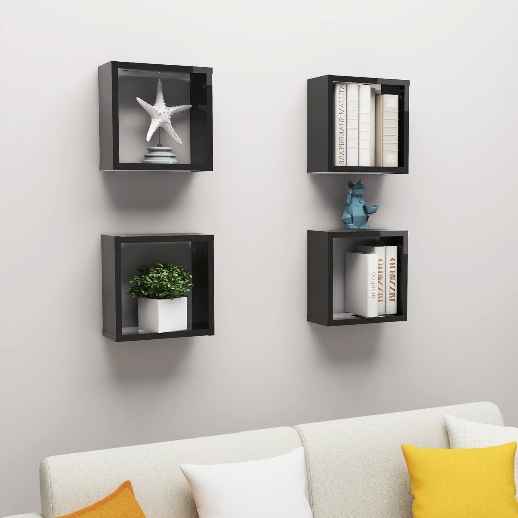 Wall Cube Shelves 4 pcs High Gloss Black 30x15x30 cm