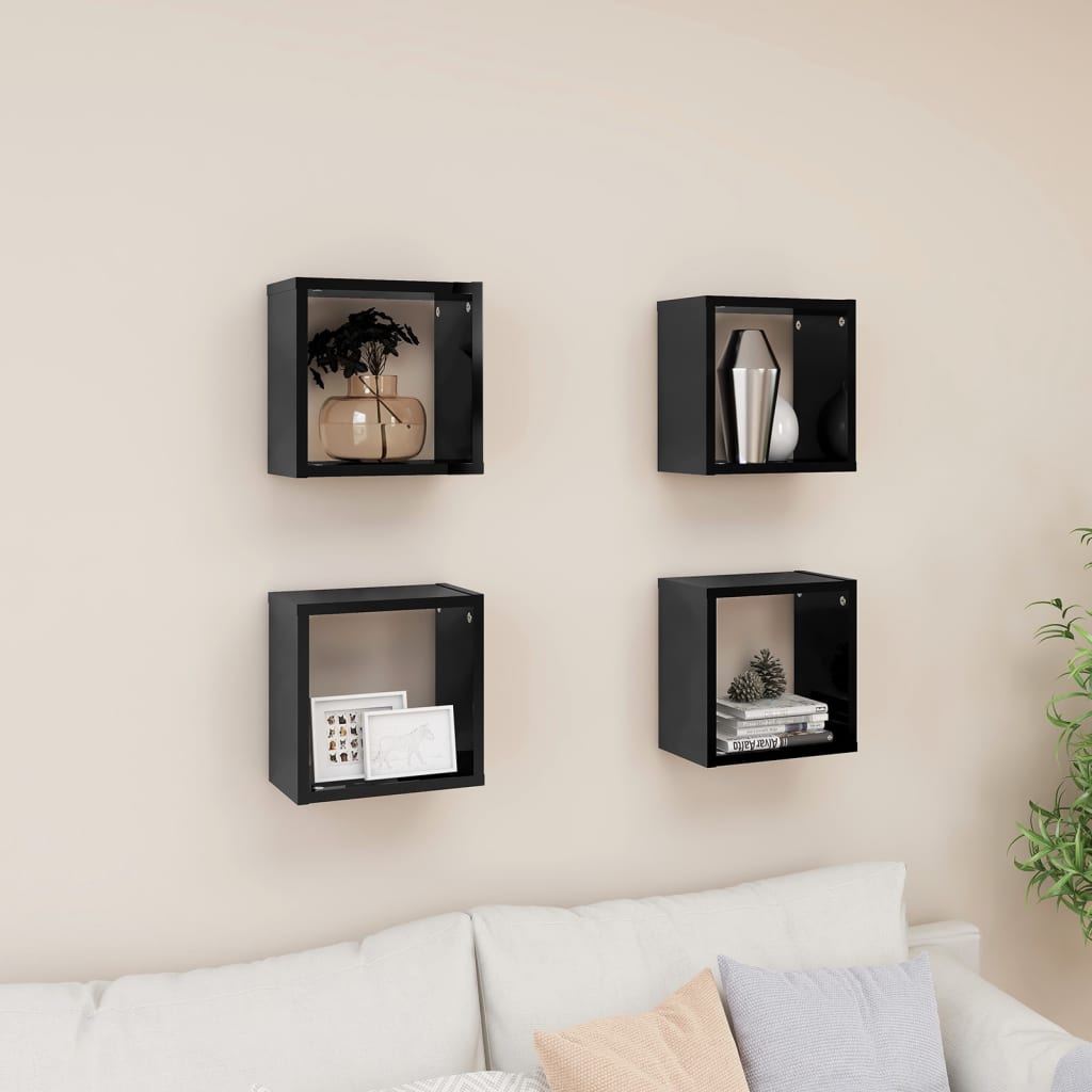 Wall Cube Shelves 4 pcs High Gloss Black 26x15x26 cm