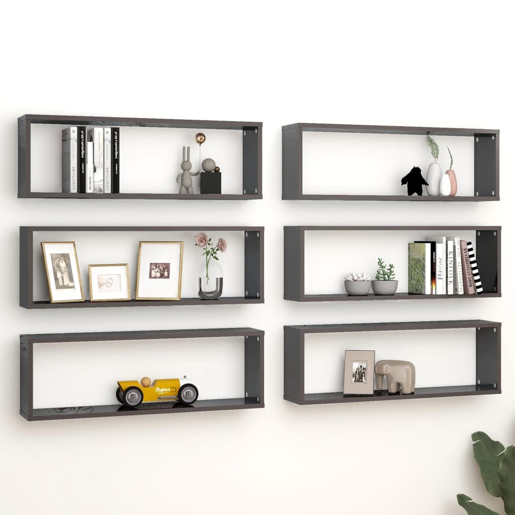 Wall Cube Shelves 6 pcs High Gloss Grey 80x15x26.5 cm Engineered Wood