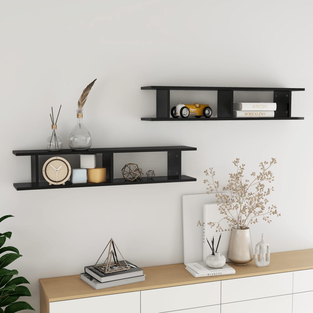 Wall Shelves 2 pcs High Gloss Black 105x18x20cm Engineered Wood