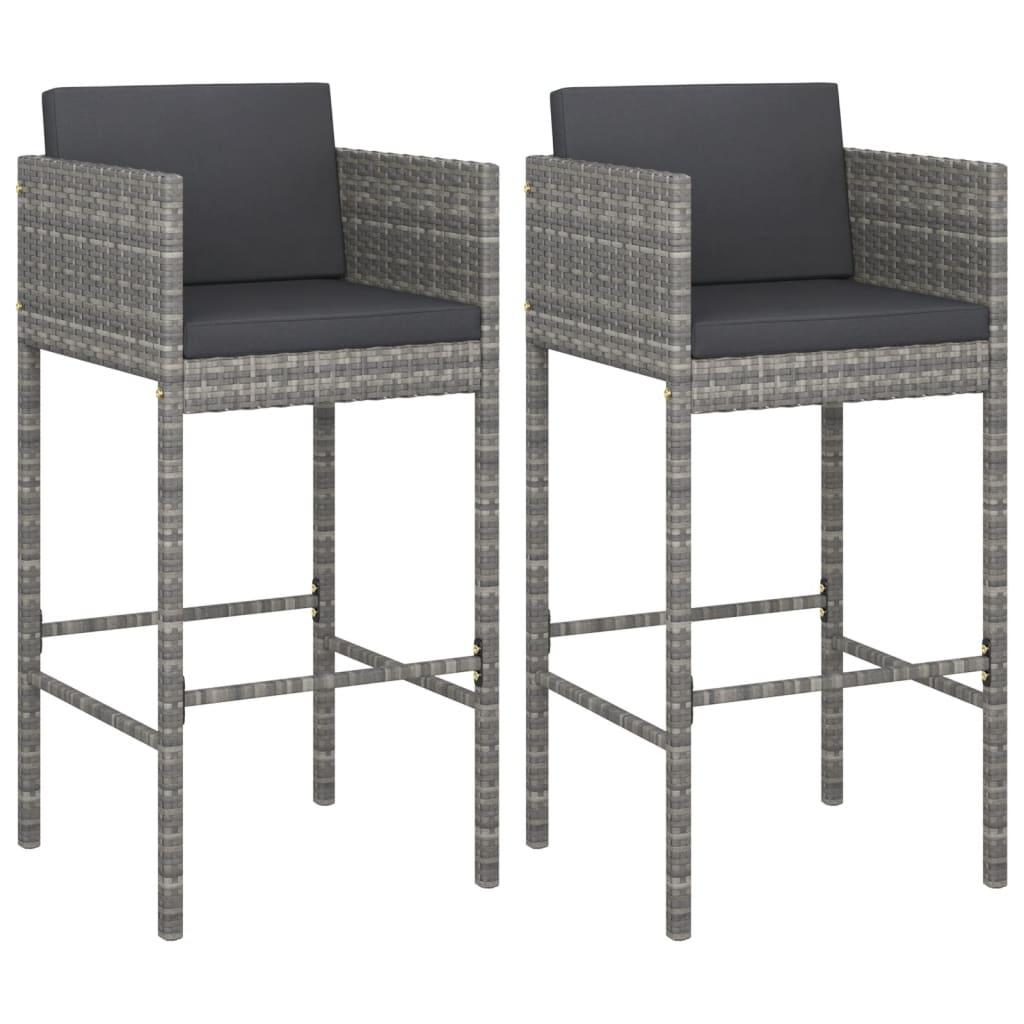 Bar Stools 2 pcs with Cushions Grey Poly Rattan