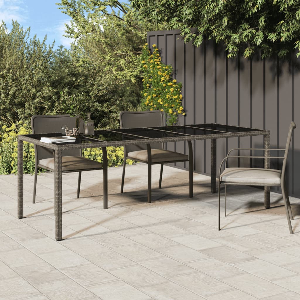Garden Table Grey 250x100x75 cm Tempered Glass and Poly Rattan