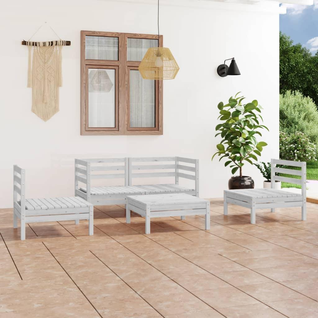 5 Piece Garden Lounge Set White Solid Pinewood