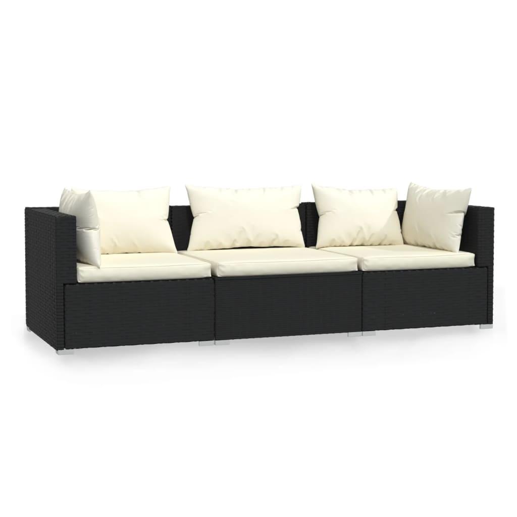 3-Seater Sofa with Cushions Black Poly Rattan