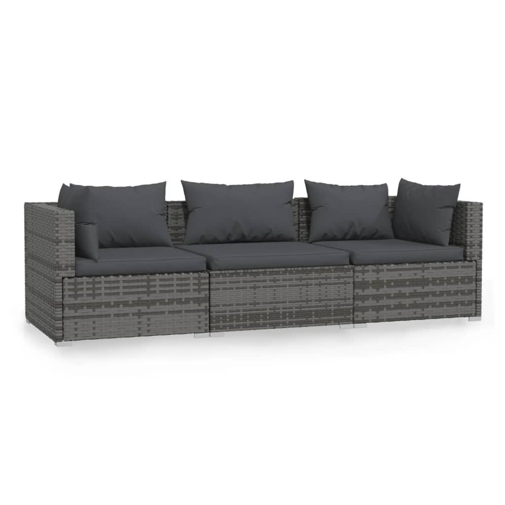 3-Seater Sofa with Cushions Grey Poly Rattan