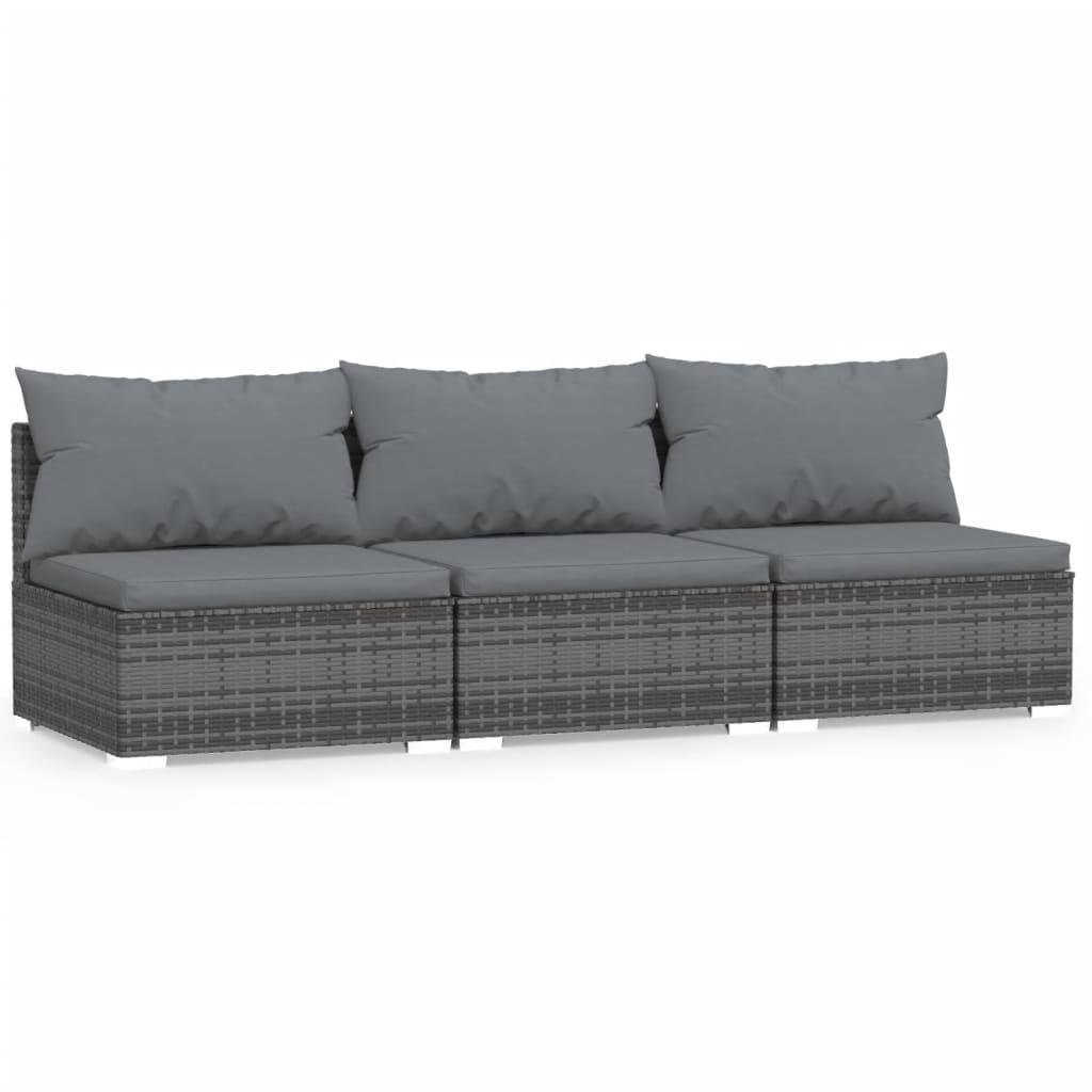 3-Seater Sofa with Cushions Grey Poly Rattan