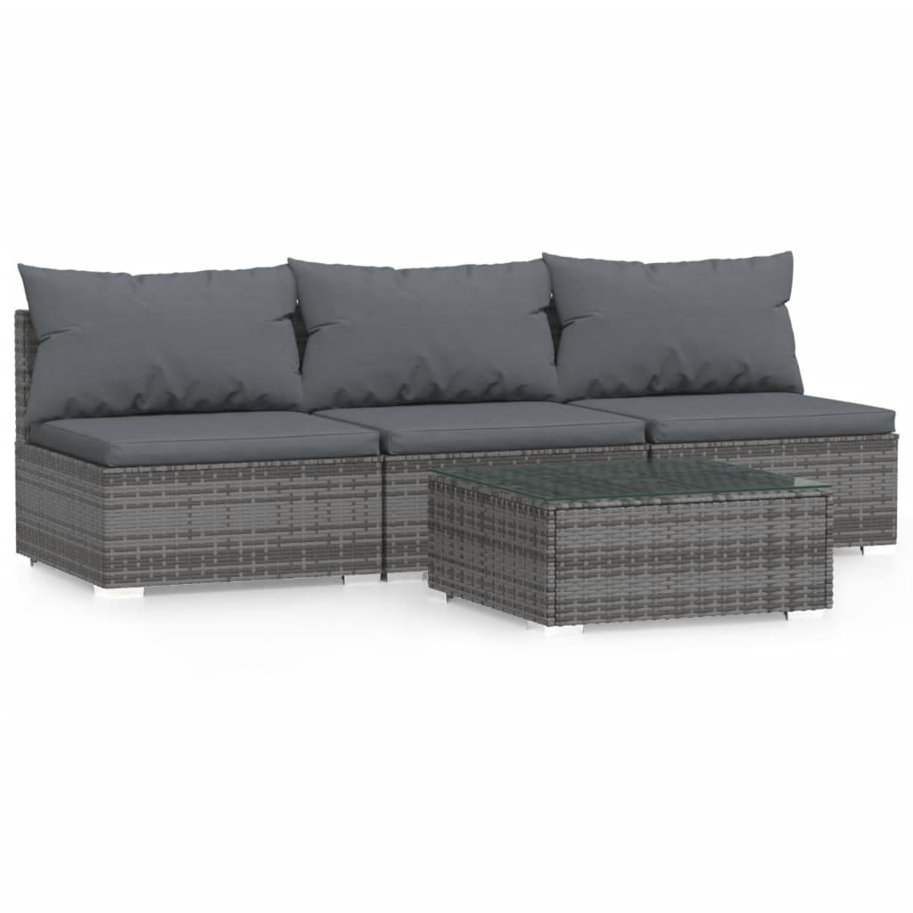 4 Piece Garden Lounge Set with Cushions Grey Poly Rattan
