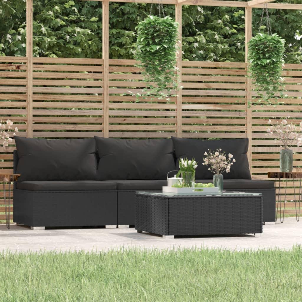 4 Piece Garden Lounge Set with Cushions Black Poly Rattan