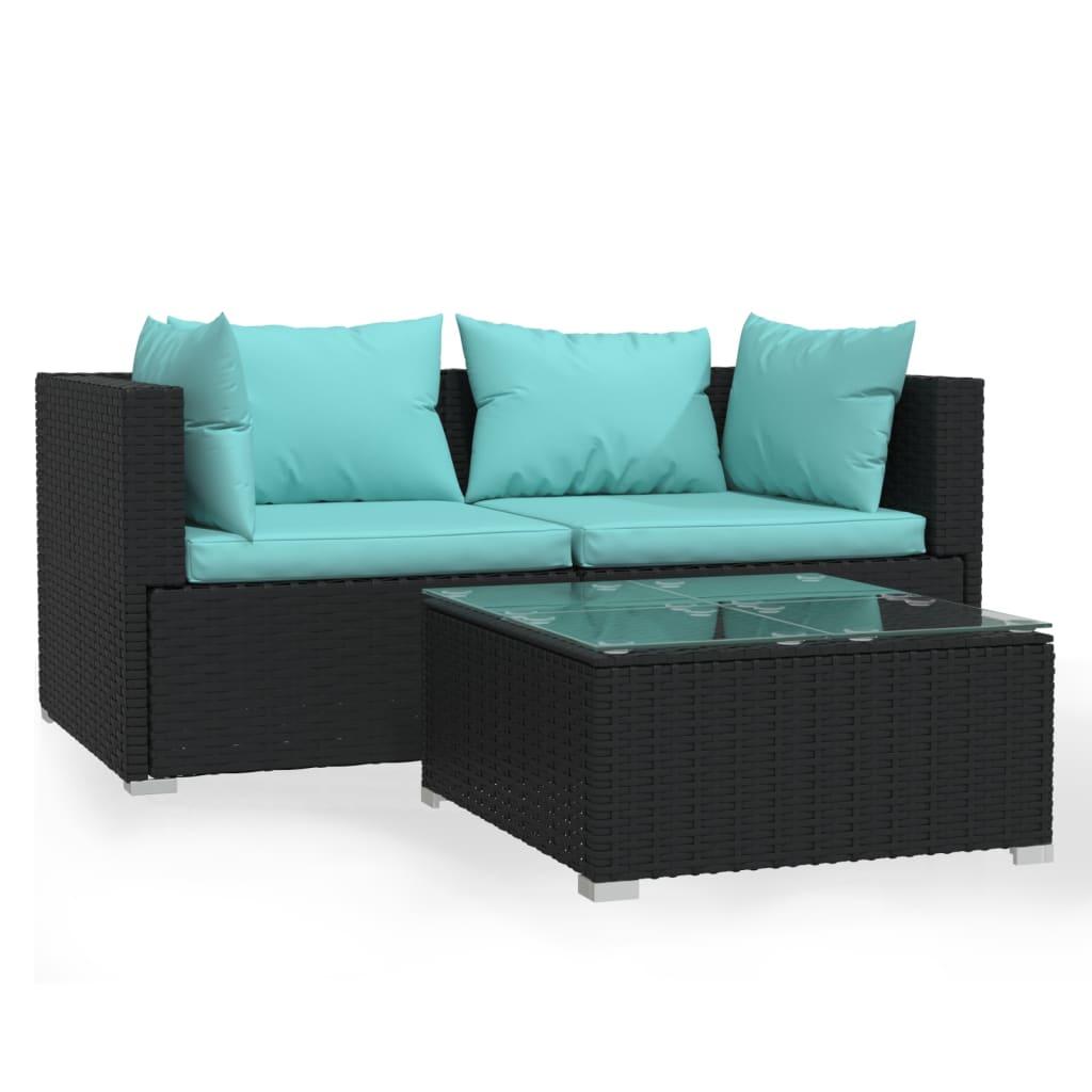 3 Piece Garden Lounge Set with Cushions Black Poly Rattan