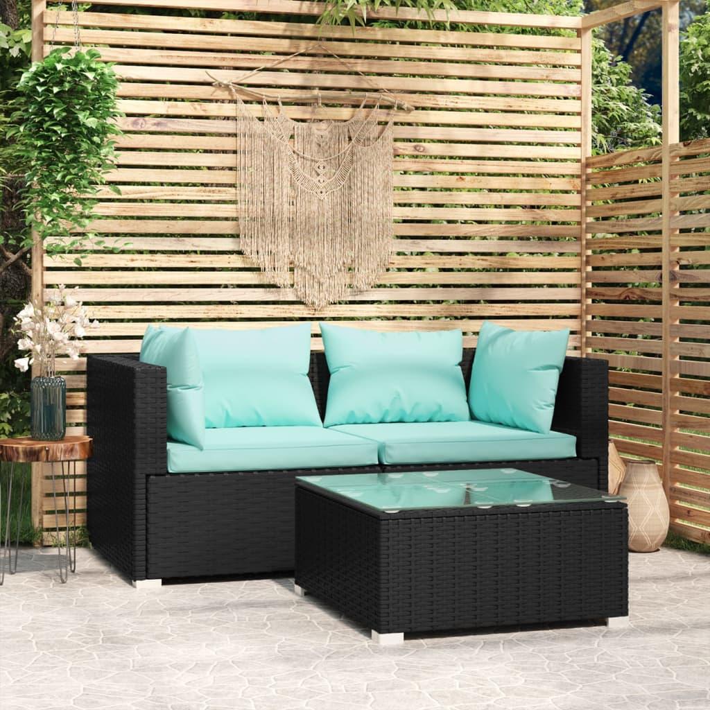 3 Piece Garden Lounge Set with Cushions Black Poly Rattan