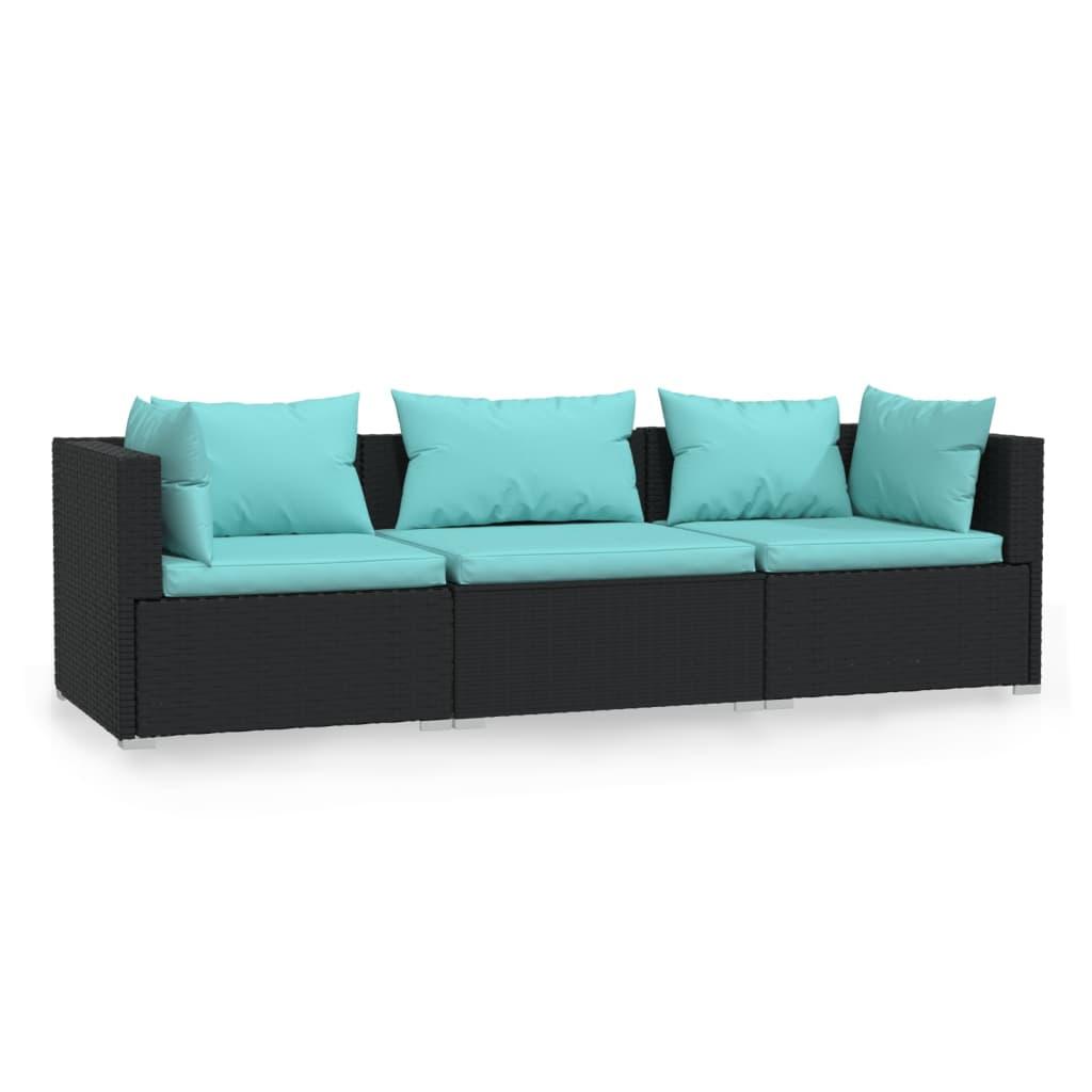 3-Seater Sofa with Cushions Black Poly Rattan